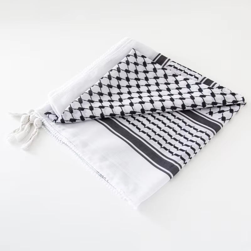 Classic Plaid Print Hijab Scarf Pompom Tassels Black and White Square Shemagh Muslim Headscarf Women Arab Keffiyeh Hijabs