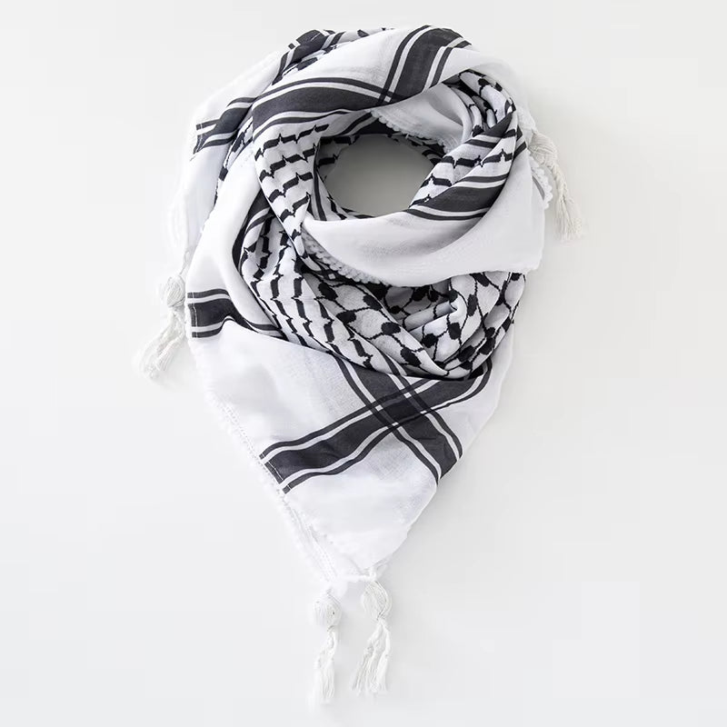 Classic Plaid Print Hijab Scarf Pompom Tassels Black and White Square Shemagh Muslim Headscarf Women Arab Keffiyeh Hijabs